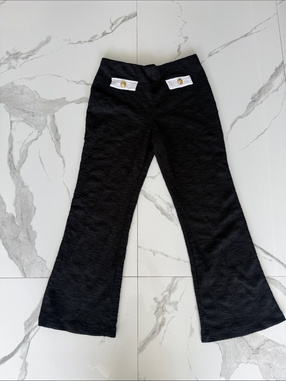 Girls' Black Knit Flared Pants with Contrast Button Tabs